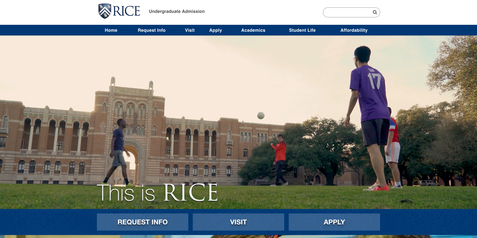 Rice admission homepage, this is Rice hero