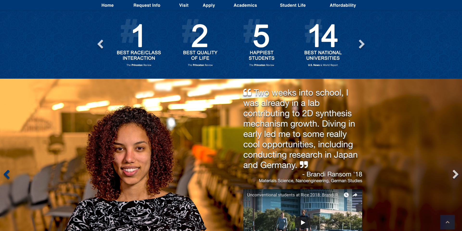 Rice admission homepage, awards and testimonials